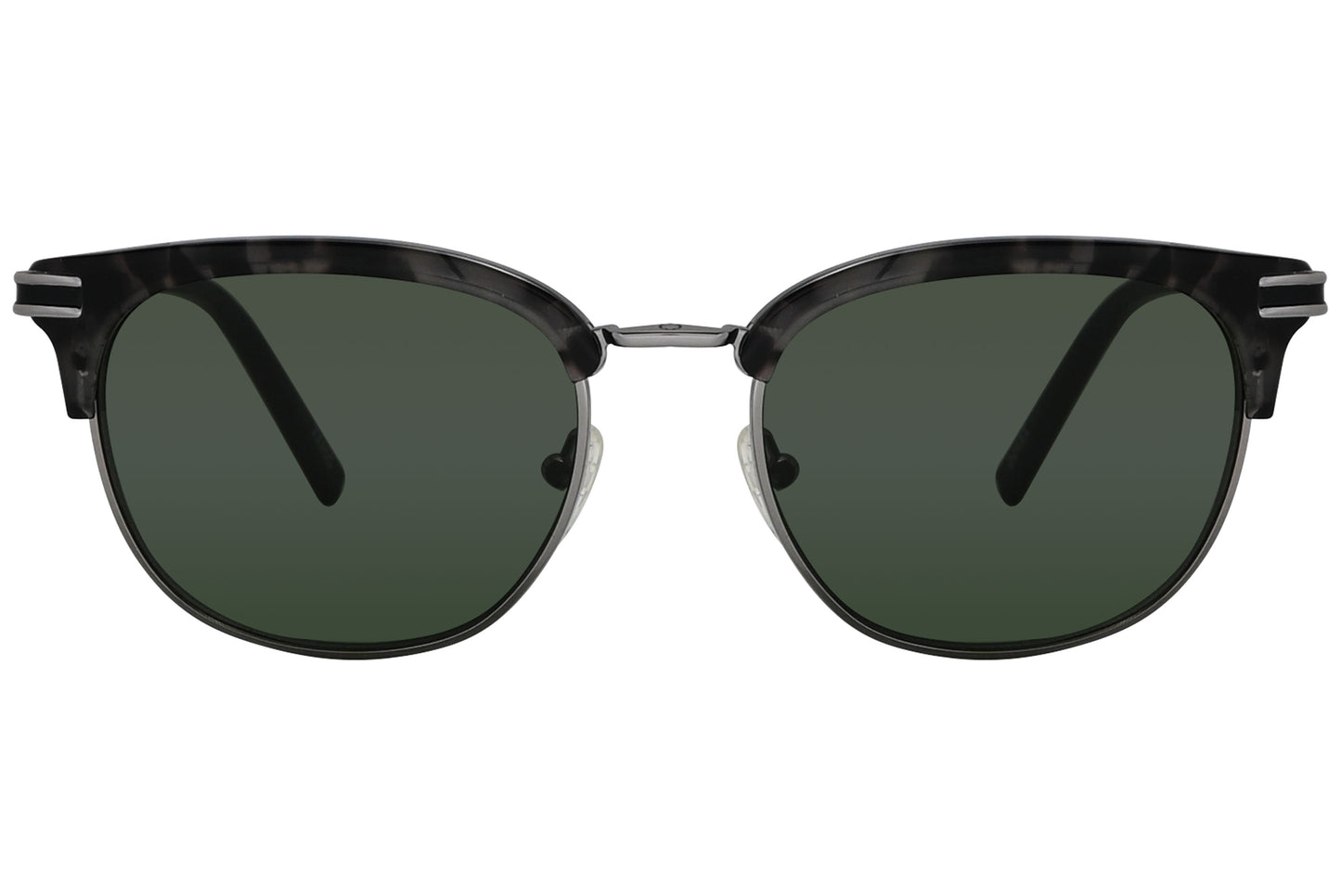 A pair of black Browline sunglasses with green lenses and a metal bridge.