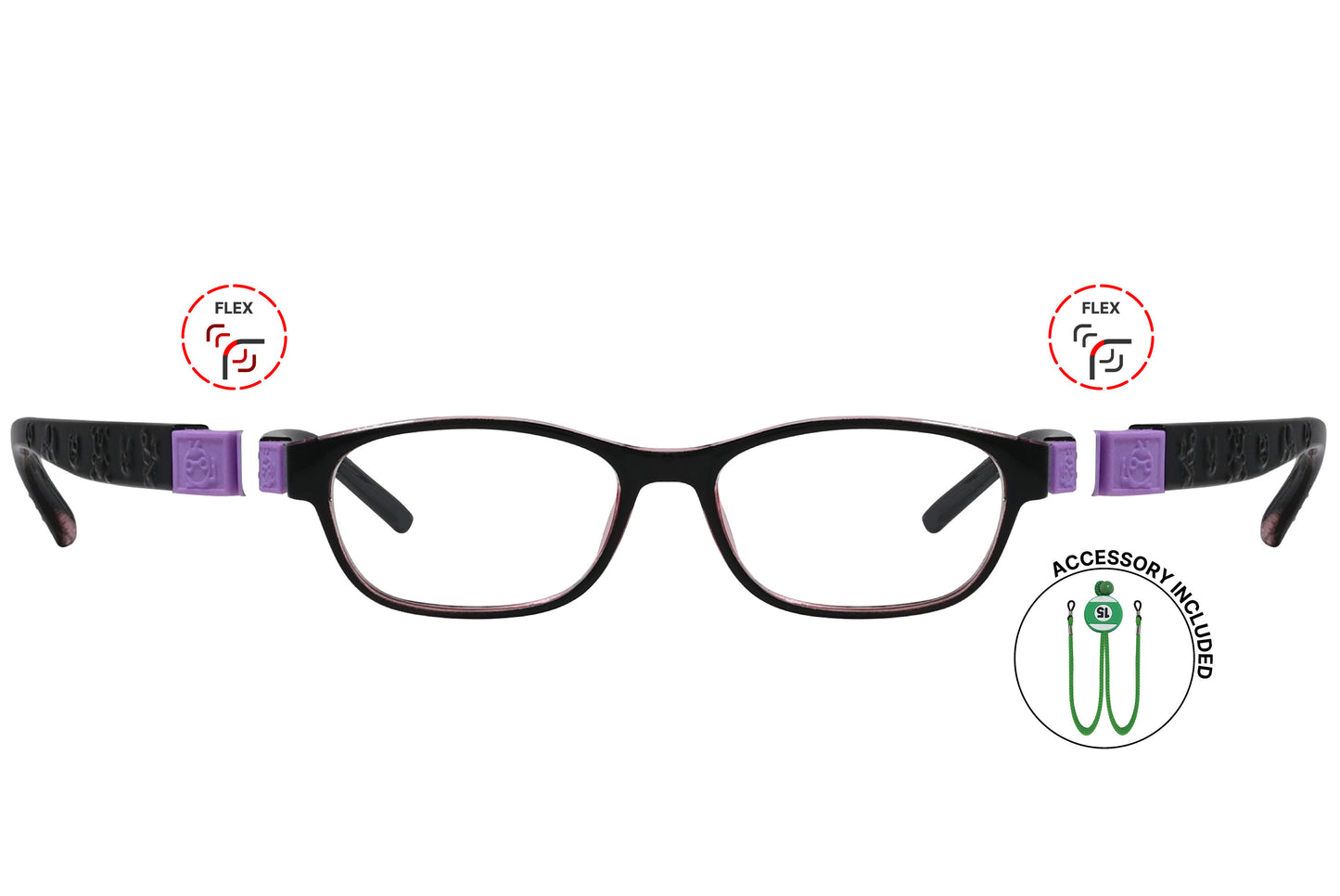 Children's rectangular black eyeglasses with flexible temples and a purple detail on the side.