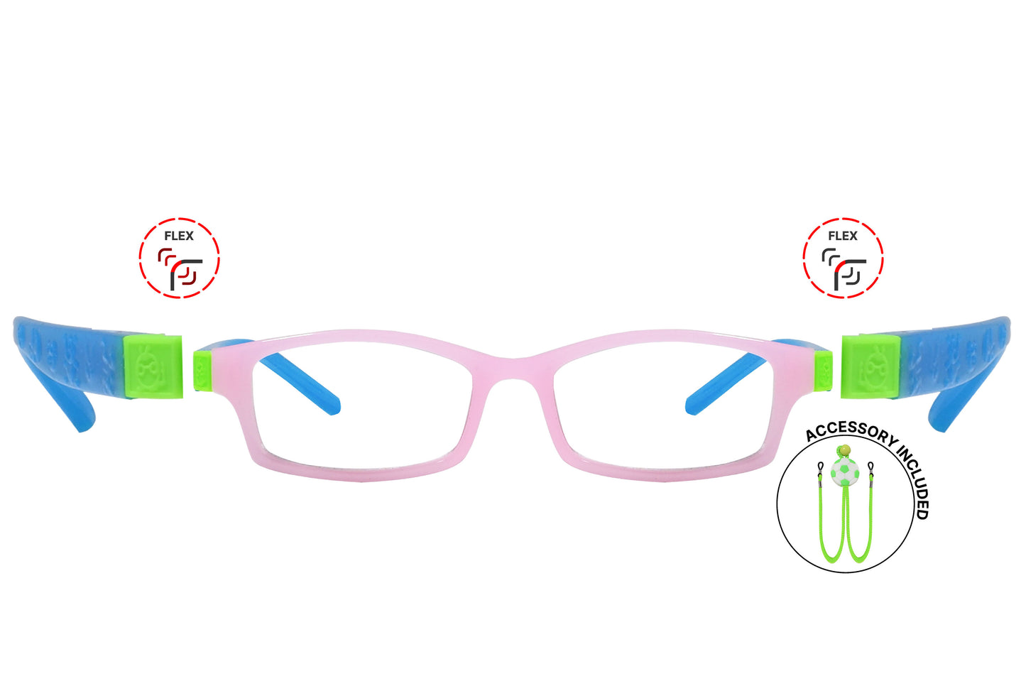 Children's rectangular pink eyeglasses with flexible blue temples and a green accent, on a white background.
