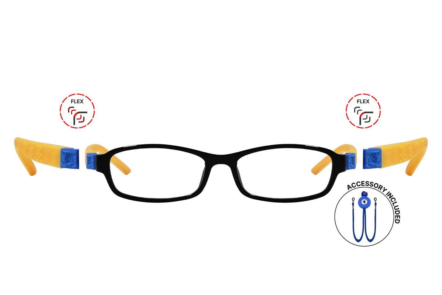 Children's rectangular eyeglasses with black frames and blue accents on the arms, including a flexible hinge detail.