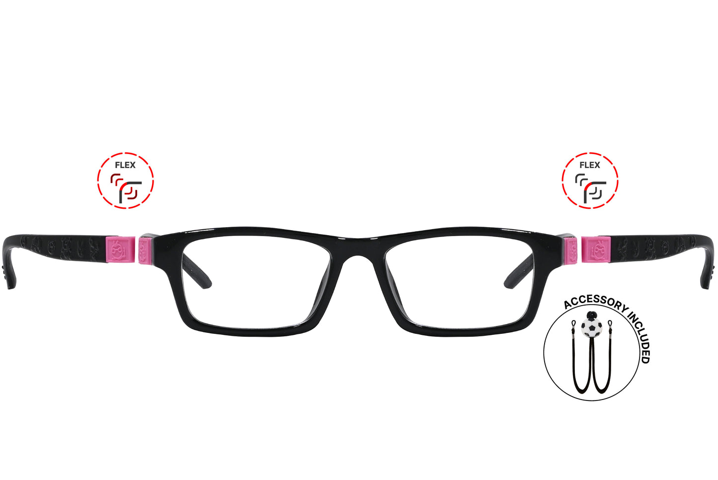 A pair of kids' rectangular eyeglasses with black frames and pink accents on the arms. The glasses are marked as flexible and the brand, Obahn, is visible.
