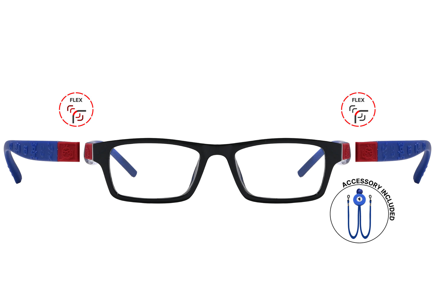 Children's rectangular black eyeglasses with blue and red accents on the arms, including a flexible hinge feature and a brand logo.