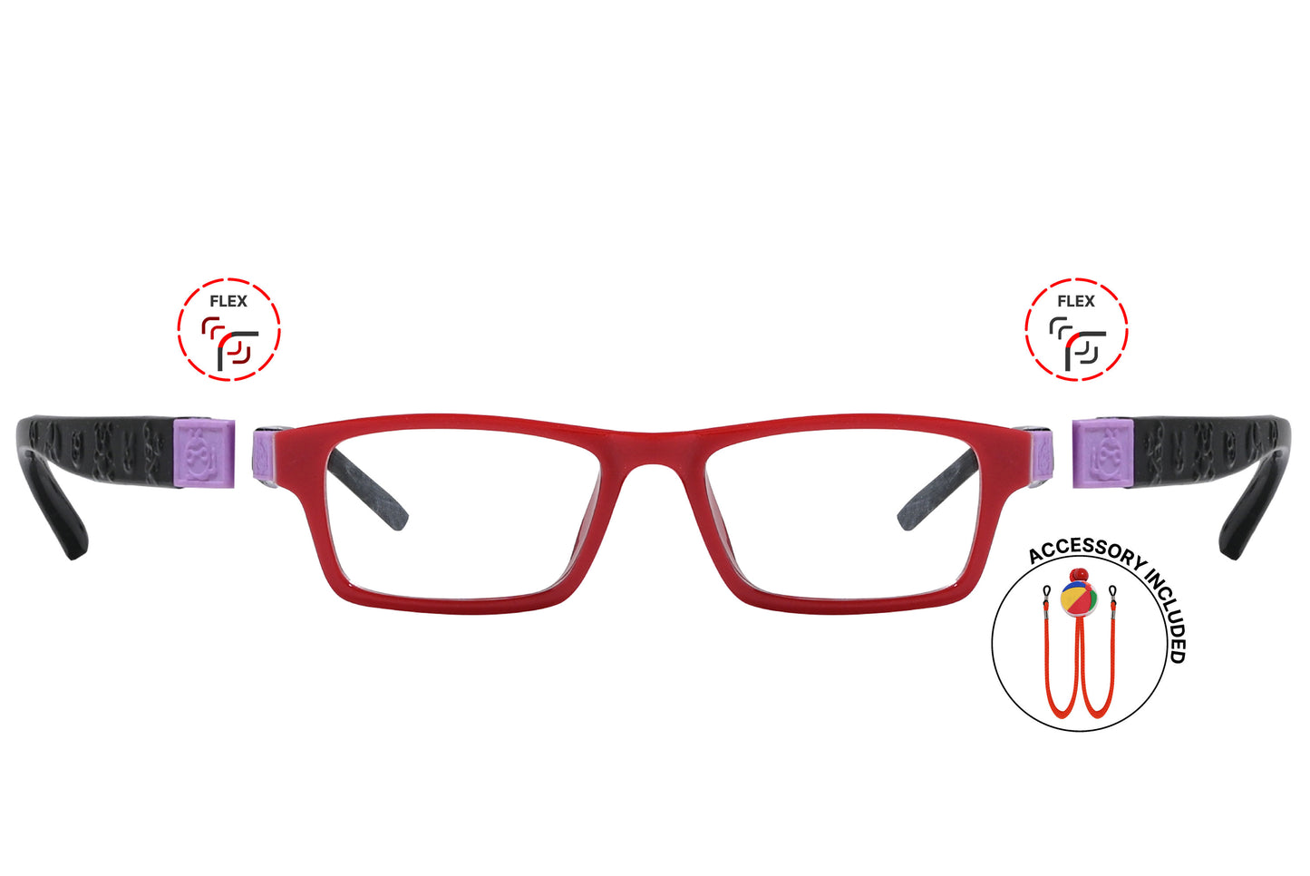 A pair of kids' flexible rectangle eyeglasses with red frames, displayed in a duotone style with a black and white image on one side and a full color image on the other, indicating flexibility and durability.