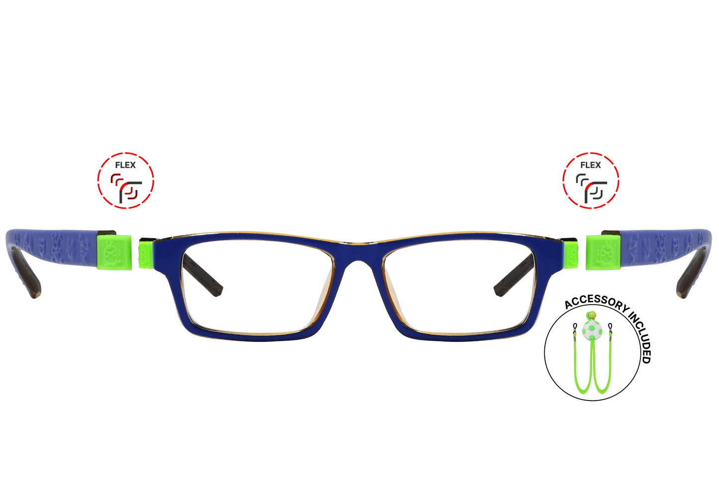 A pair of kids' flexible rectangle eyeglasses with blue frames, displayed against a white background with a 'Flex' feature badge and the brand logo.