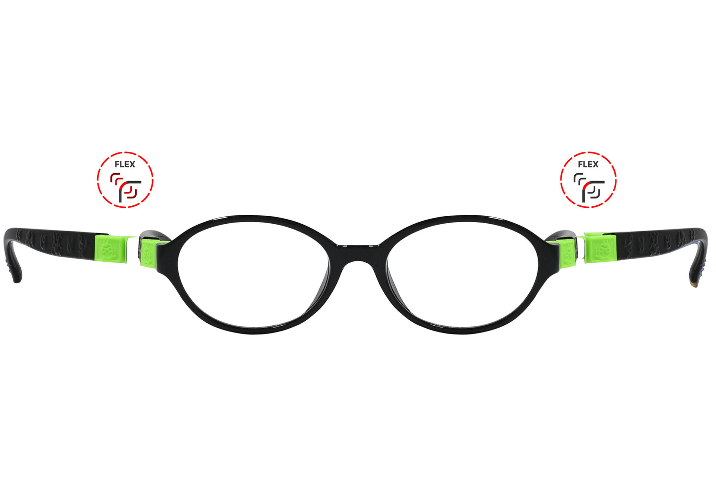 A pair of kids' flexible rectangle eyeglasses with blue frames and green accents on the arms.