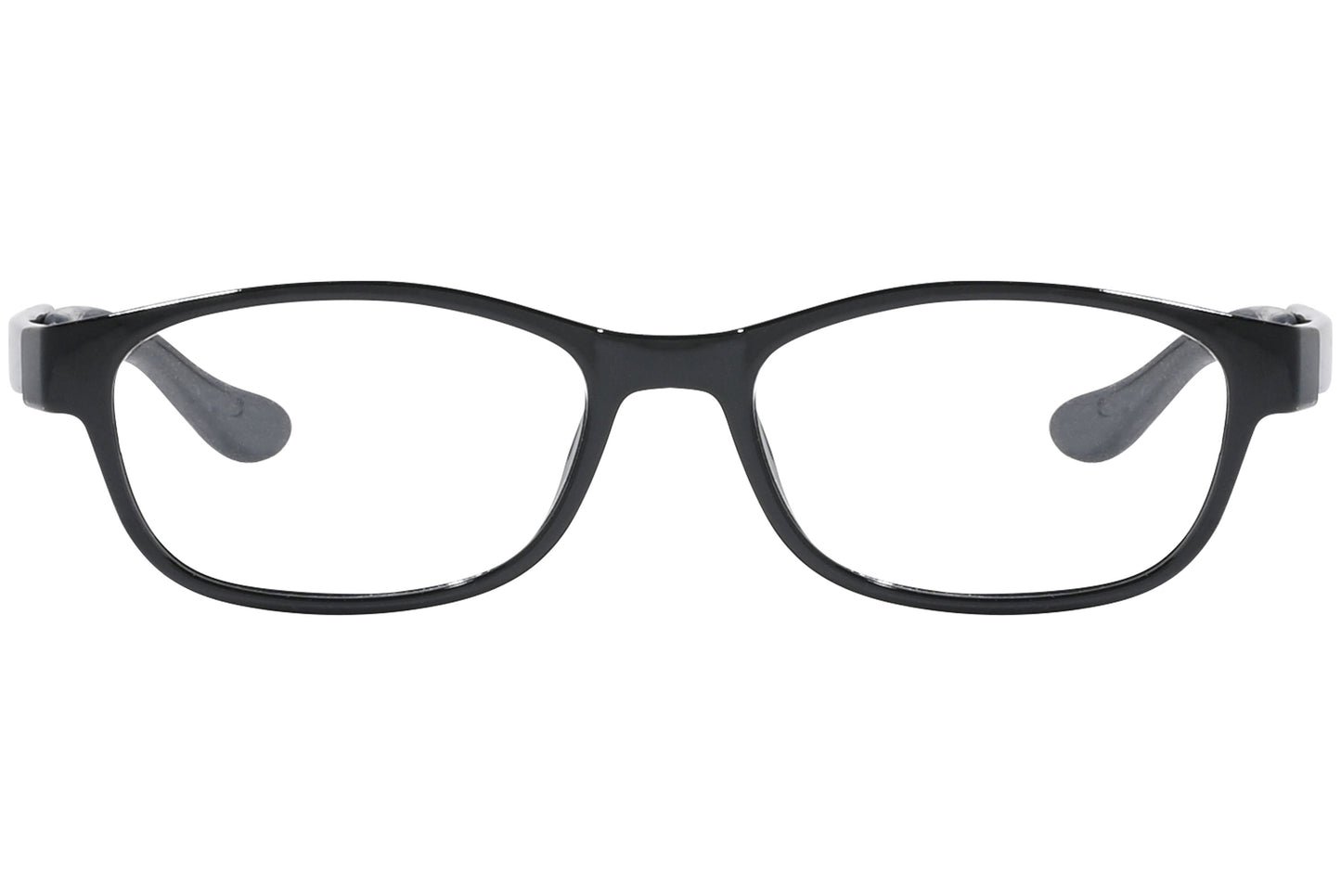 A pair of kids' rectangle eyeglasses with a black frame, as seen from a side profile.