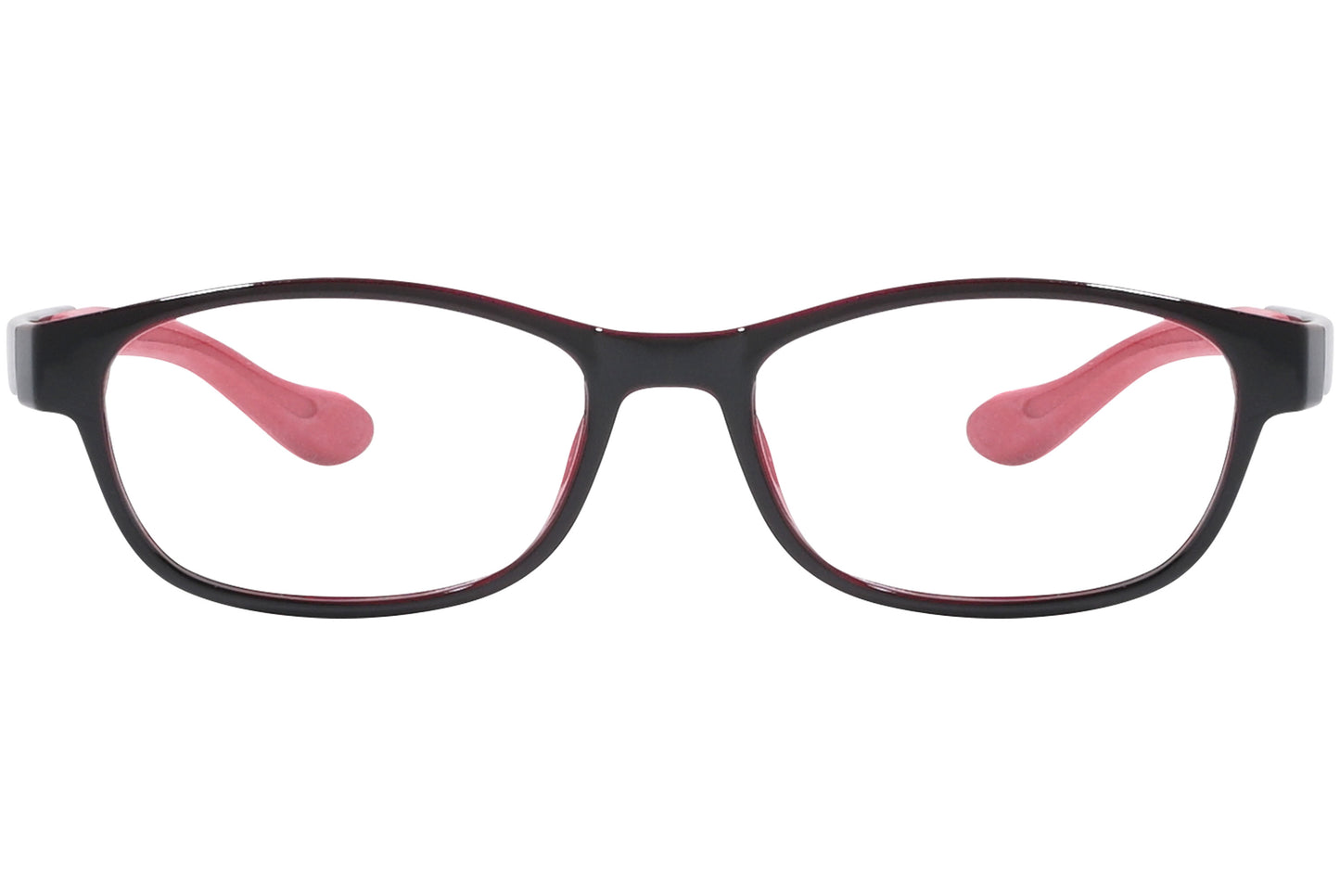 Kids rectangle eyeglasses with red temples and black frame front.