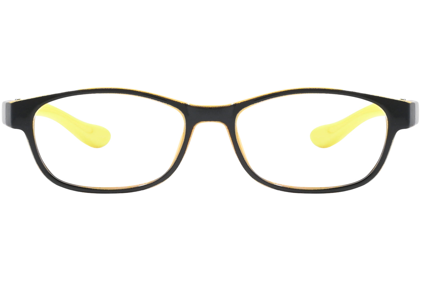 Kids rectangle eyeglasses with yellow frames and black accents, featuring a sleek design.