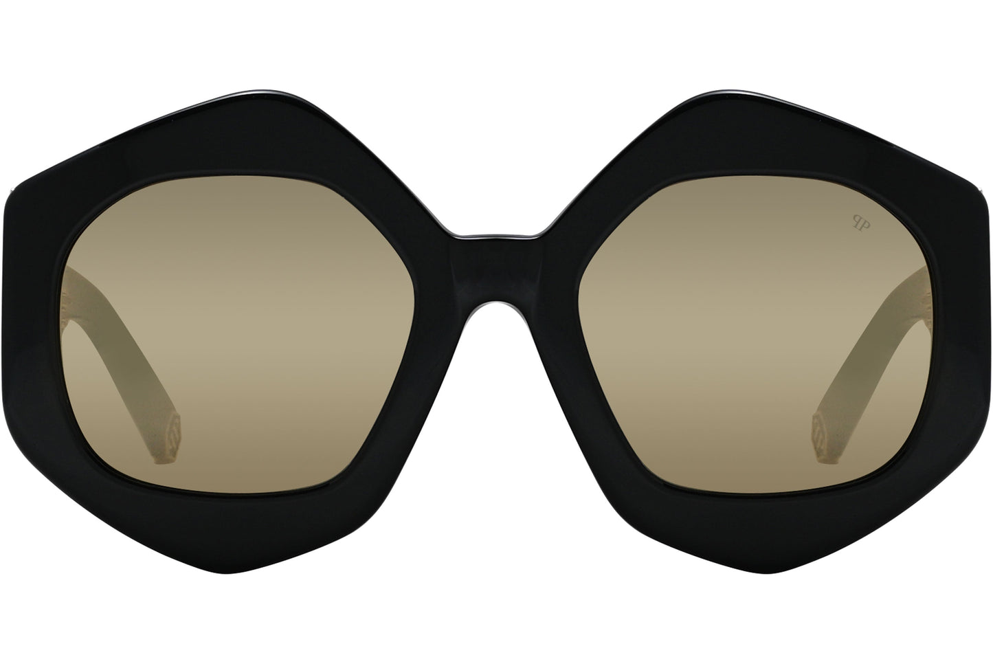 philipp-plein geometric black eyeglasses frame viewed from a 45-degree angle.