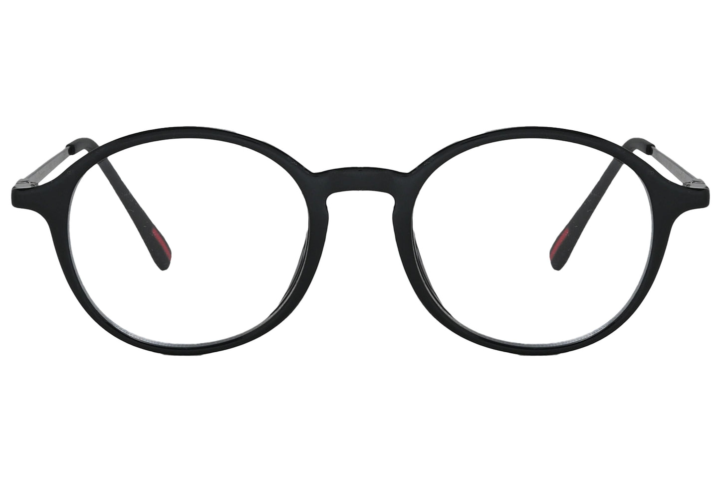porto romano round black eyeglasses frame viewed from front angle.