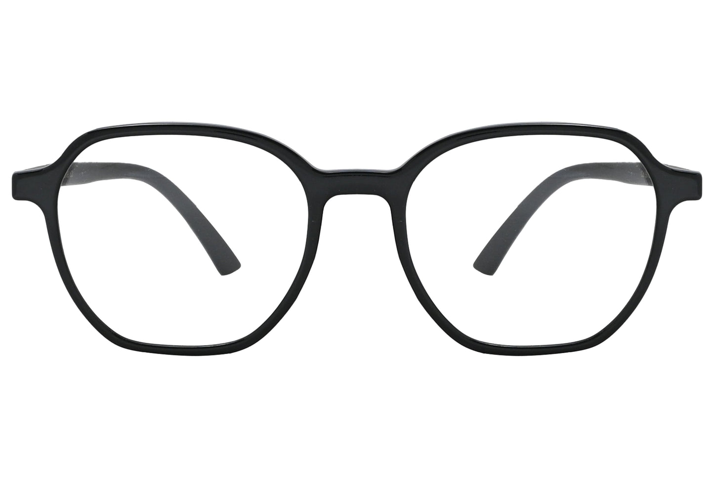 porto romano hexagonal black eyeglasses frame viewed from front angle.