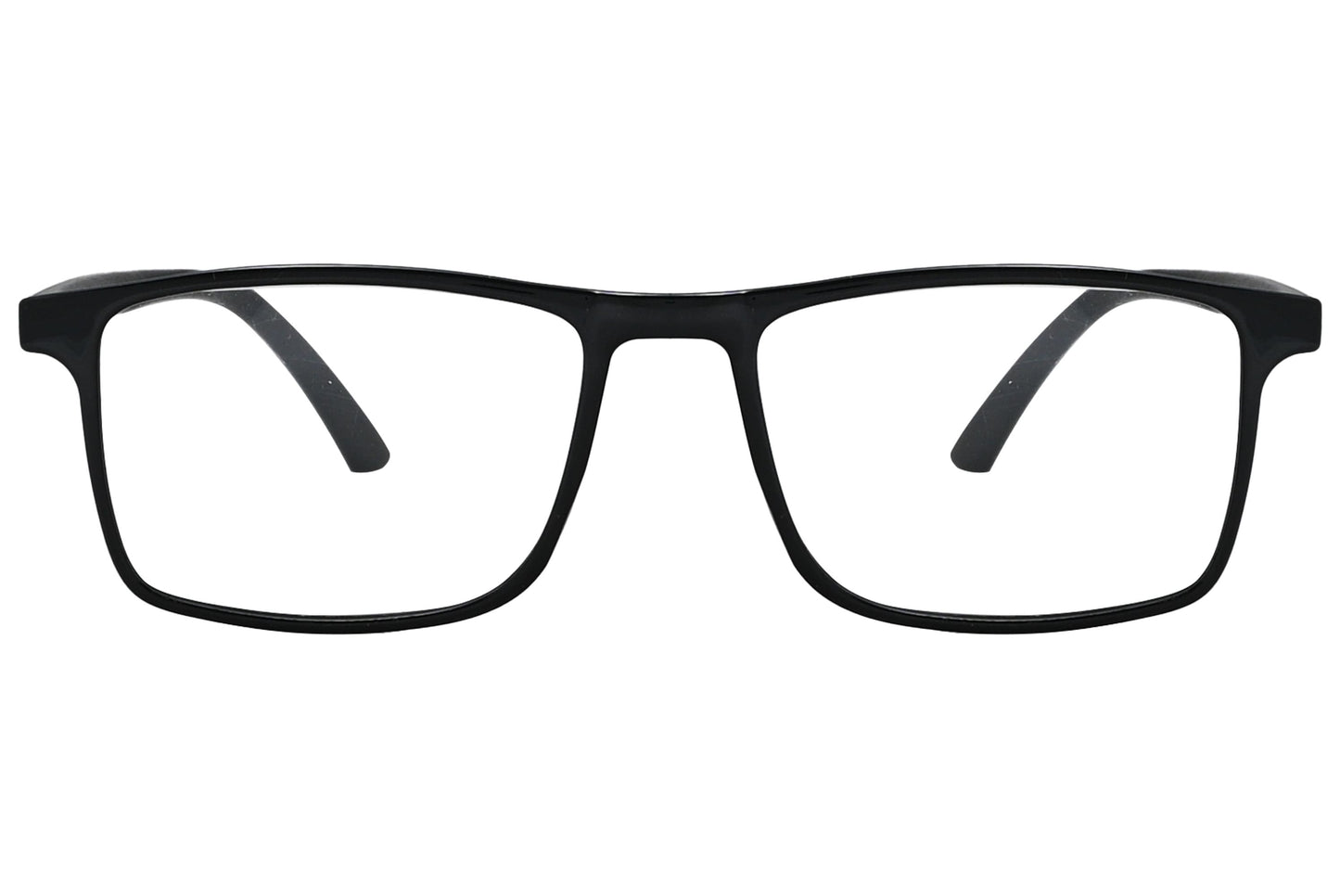 porto romano rectangle black eyeglasses frame viewed from front angle.