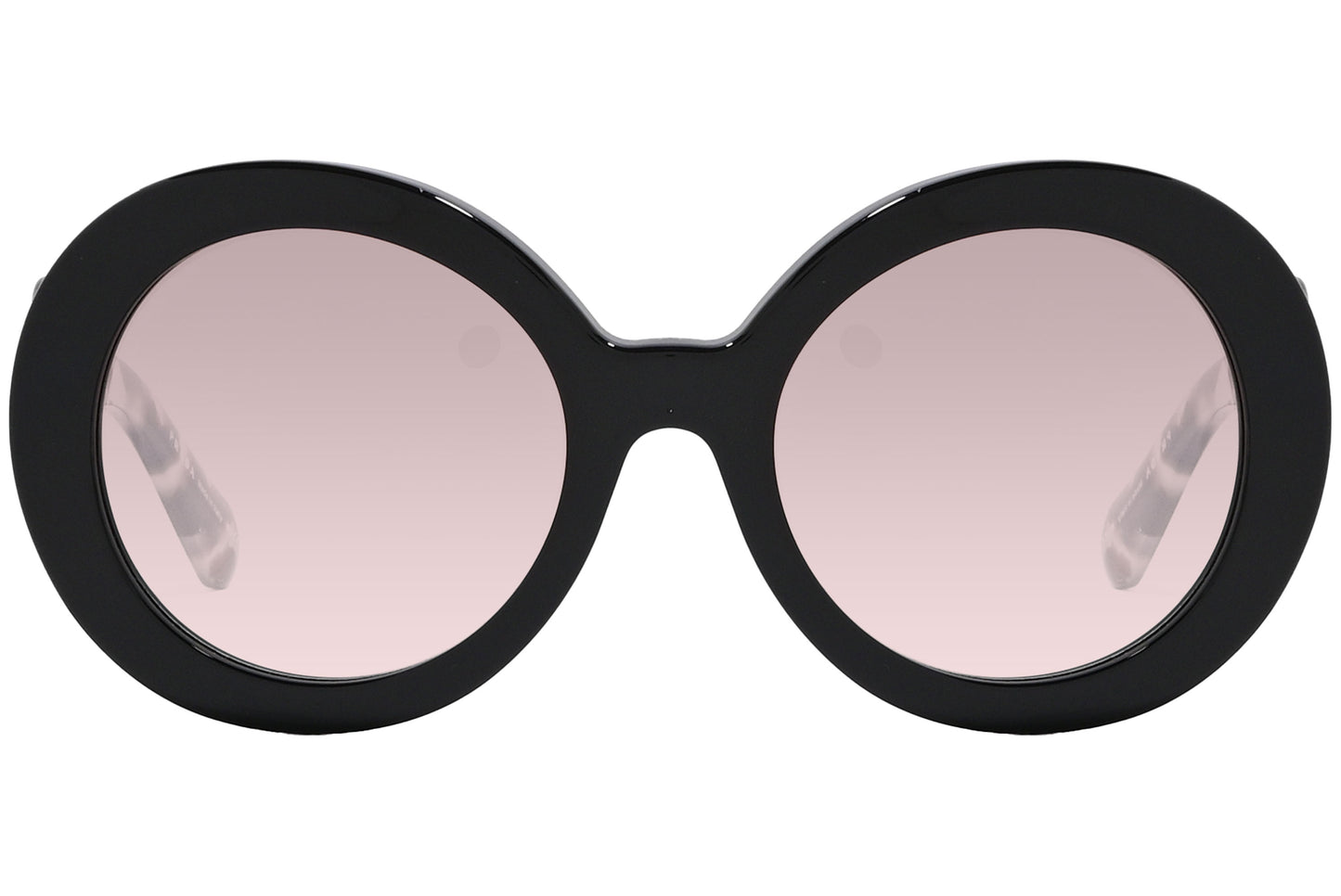 A pair of round sunglasses with black frame and patterned temples.