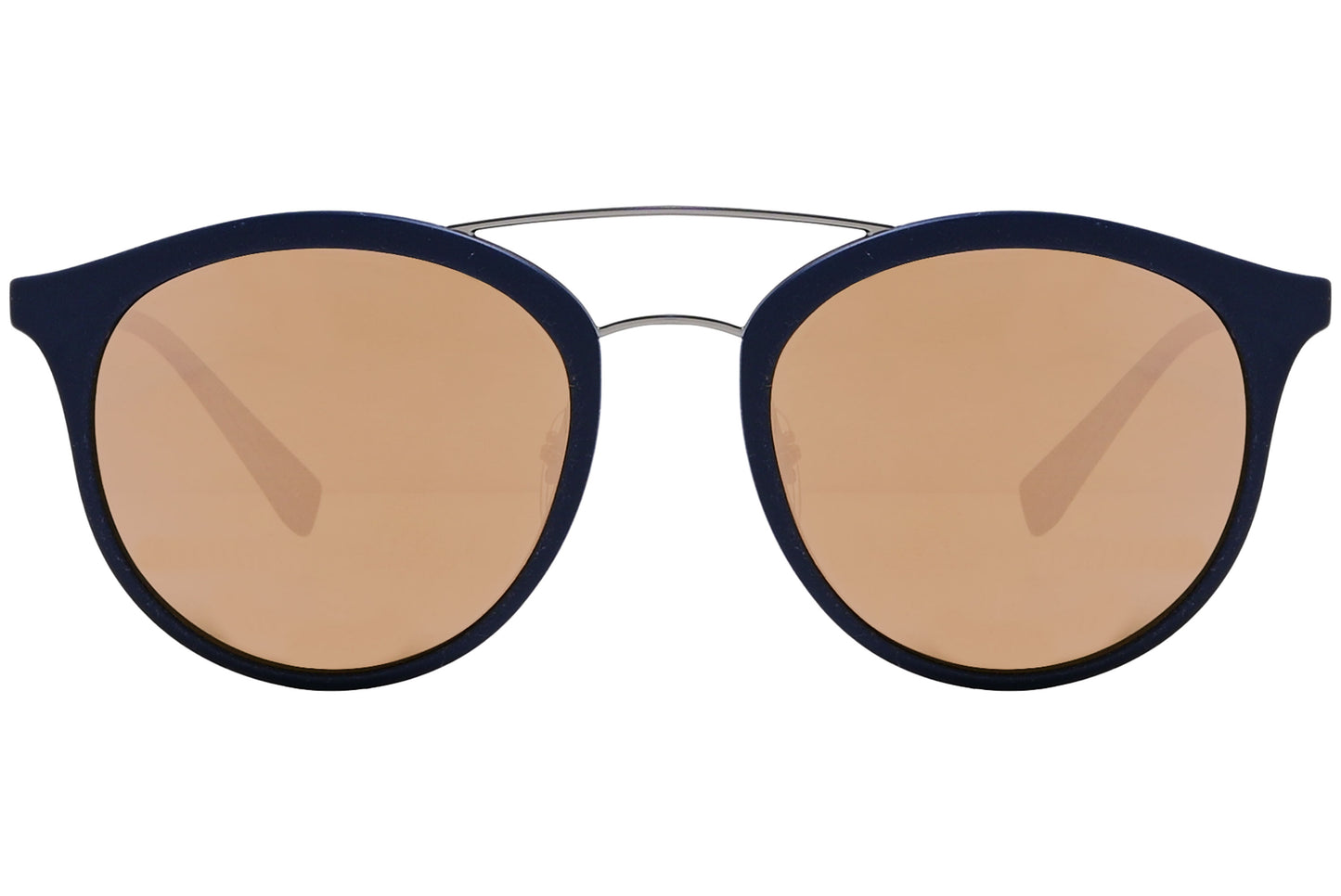 A pair of round blue sunglasses with a metallic accent on the temples and a red detail on the side.