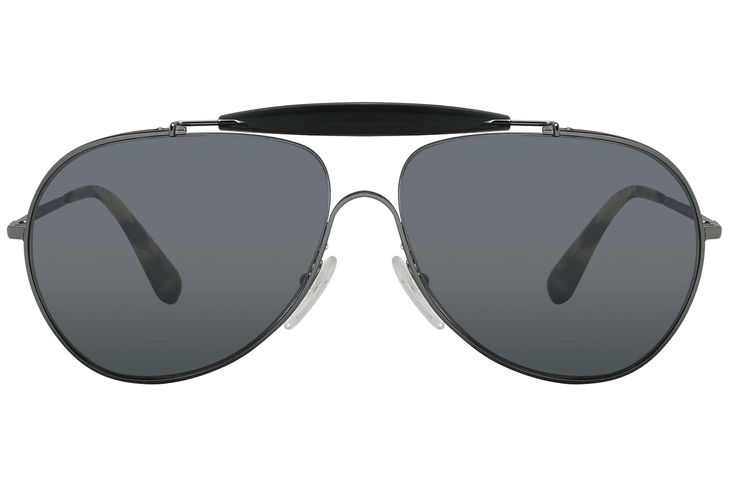 A pair of gray aviator sunglasses with a metal frame and plastic lenses.