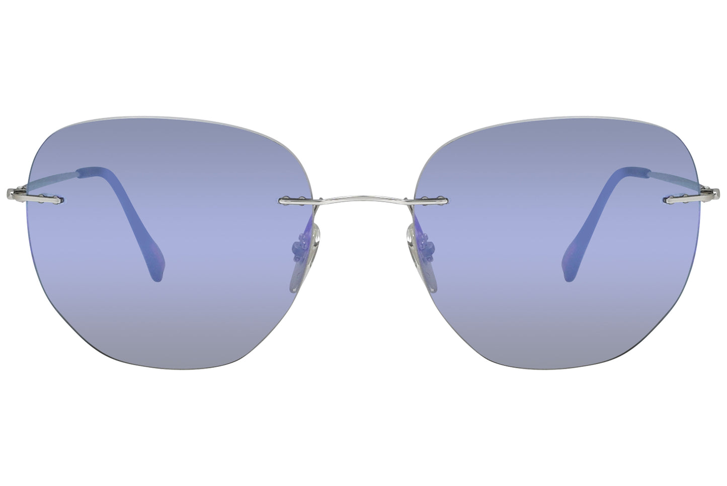 A pair of silver geometric sunglasses with a metallic frame and reflective lenses.