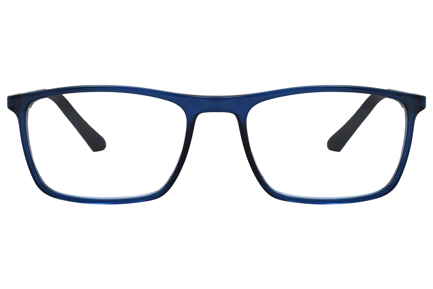 rexus rectangle blue eyeglasses frame viewed from front angle.