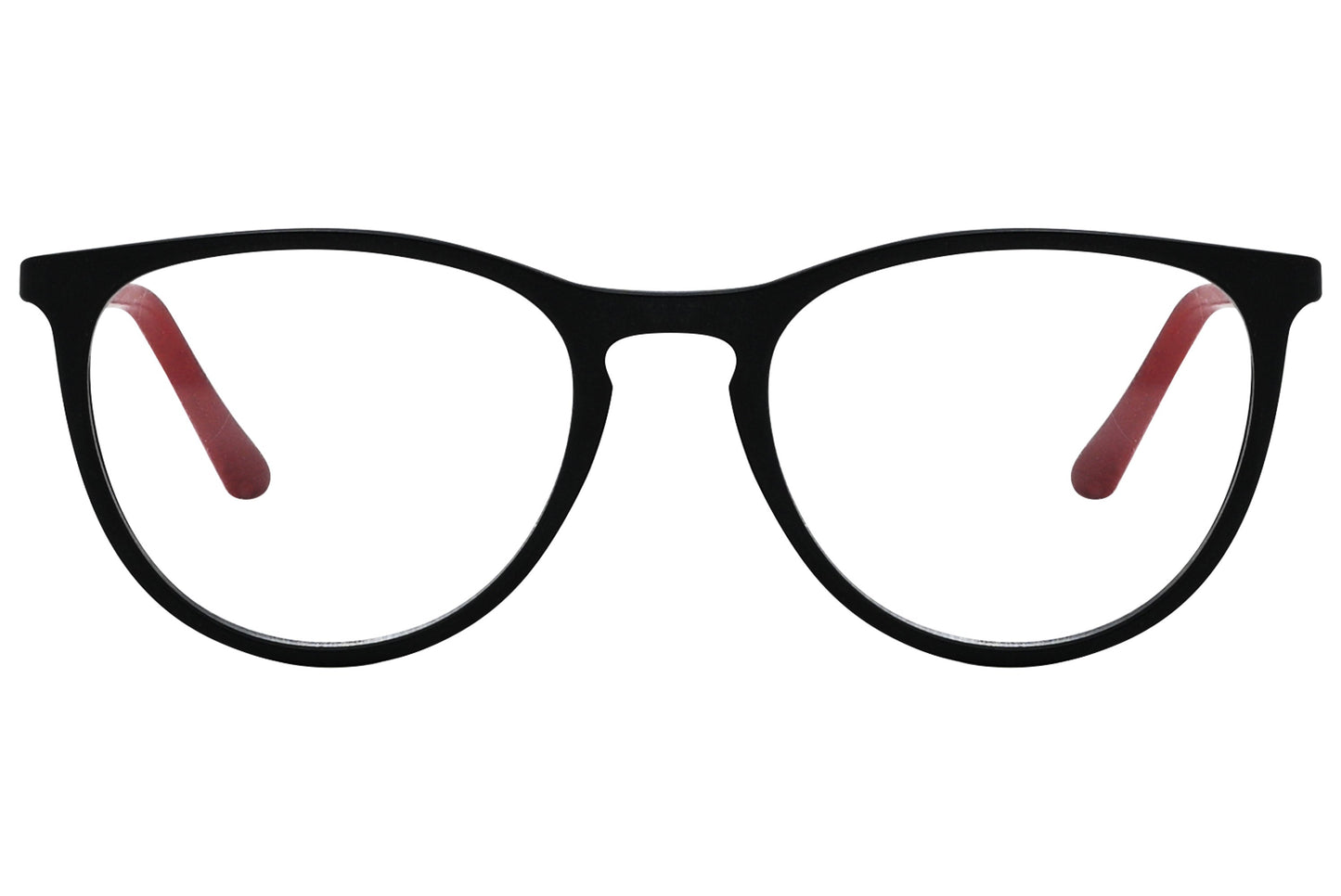 rexus round red eyeglasses frame viewed from a 45-degree angle.