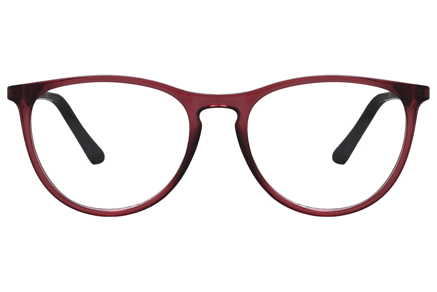 rexus round red eyeglasses frame viewed from front angle.