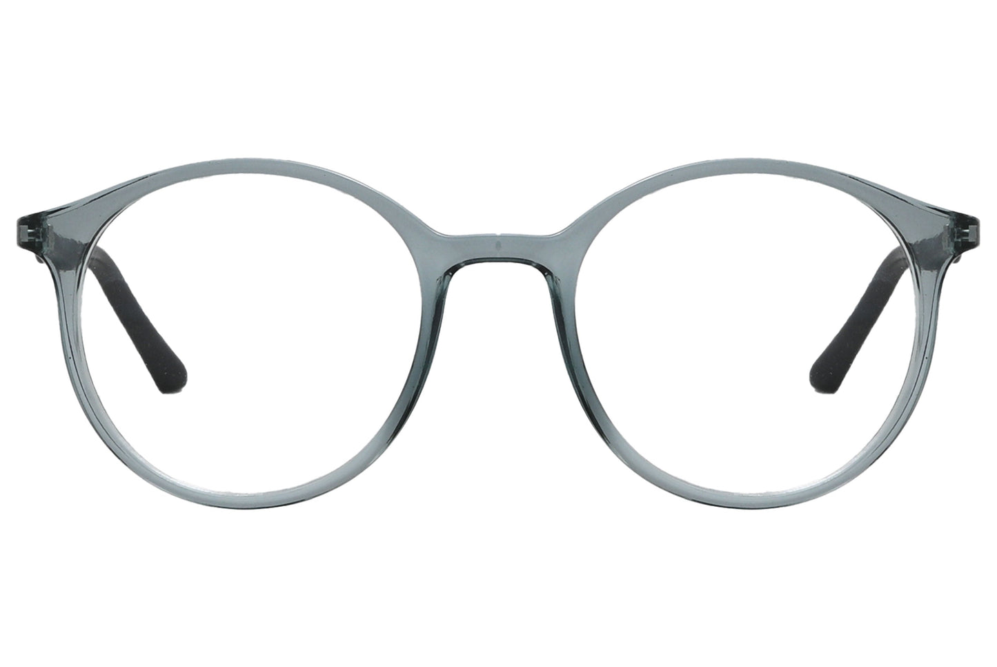rexus round blue eyeglasses frame viewed from front angle.