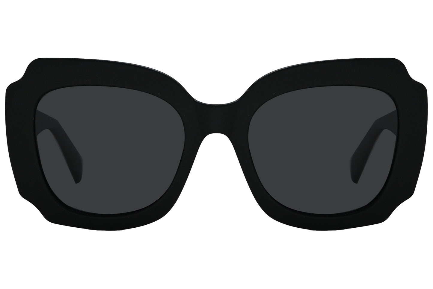 Close-up of Rexus RX2003-GS0101 sunglasses showing matte black finish and sharp geometric lens shape.