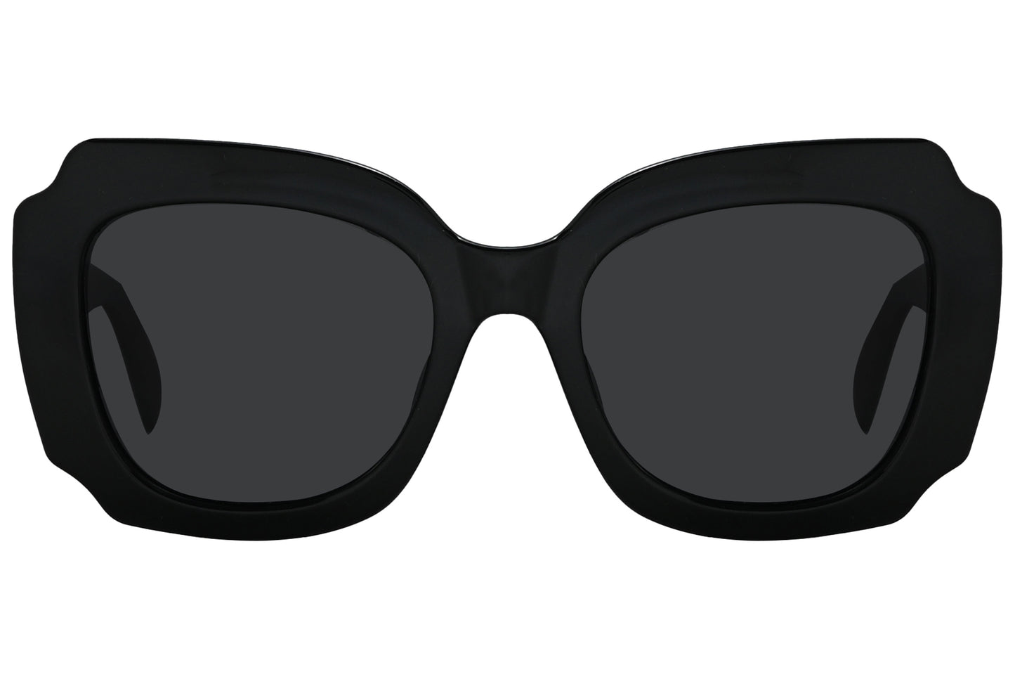 Close-up of Rexus RX2003-S0101 sunglasses showing smooth black finish and geometric lens shape.