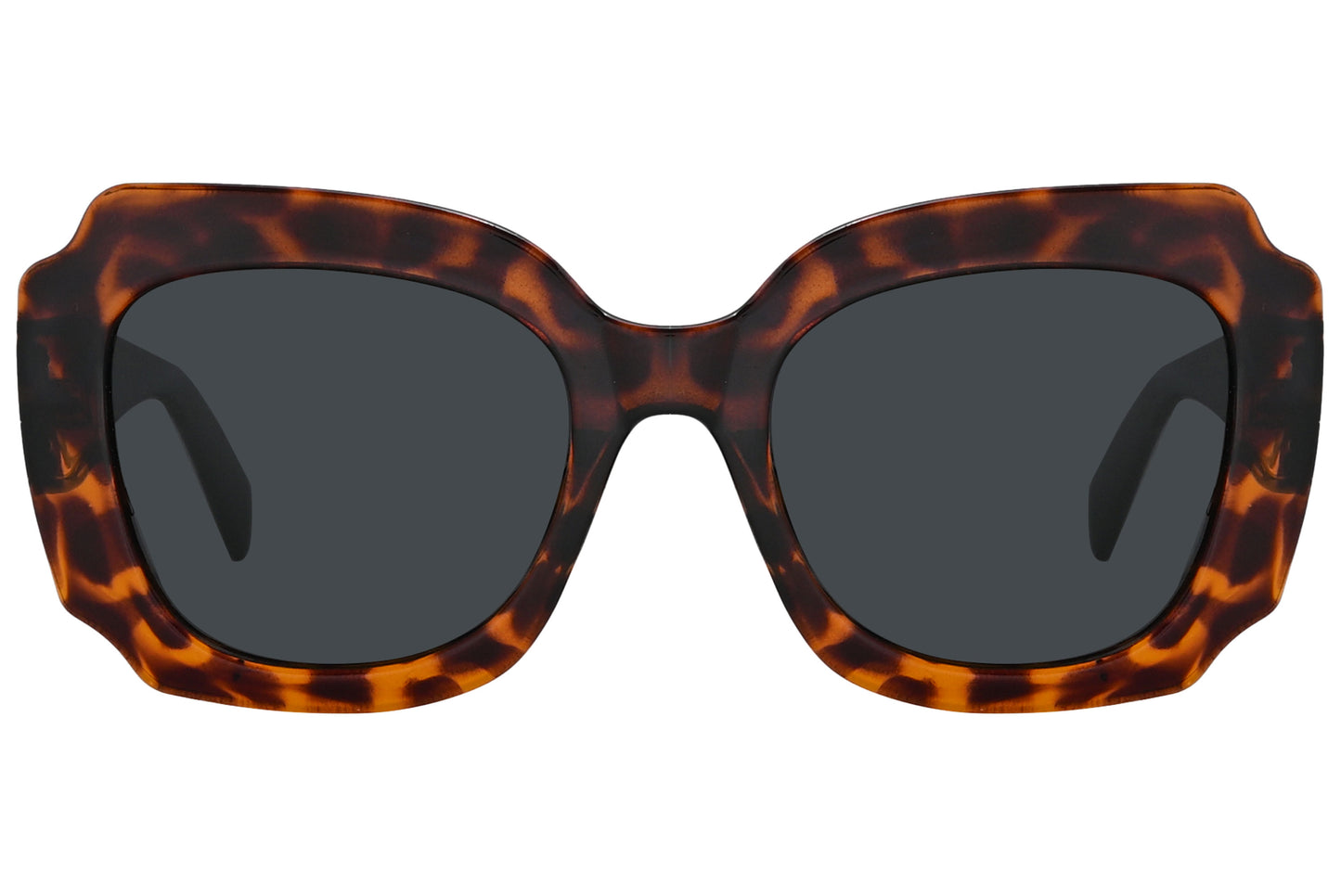 Close-up of Rexus RX2003-S9301 sunglasses showing rich tortoise pattern and geometric lens shape.