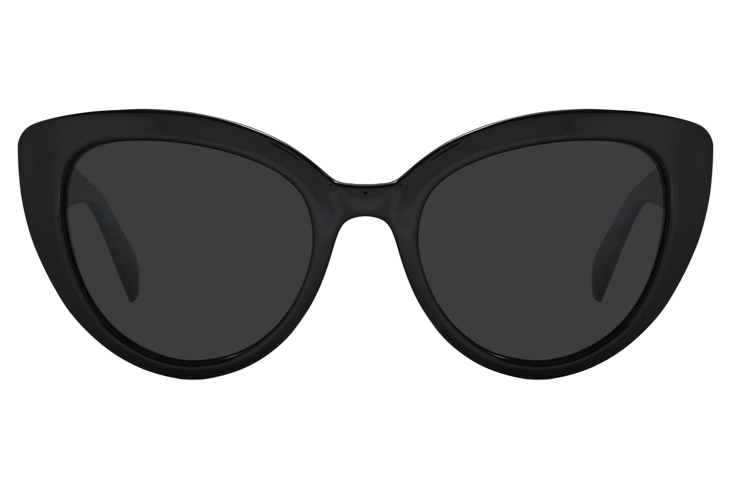 Close-up of Rexus RX2006-S0101 sunglasses showing black cat-eye design and lifted outer corners.