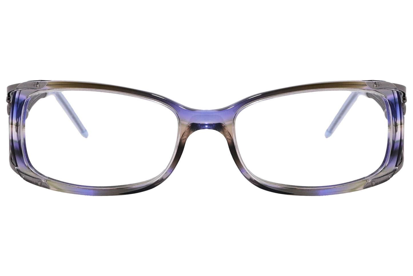 Close-up of wrap around eyeglasses in purple and gray with contoured frame and sleek finish.