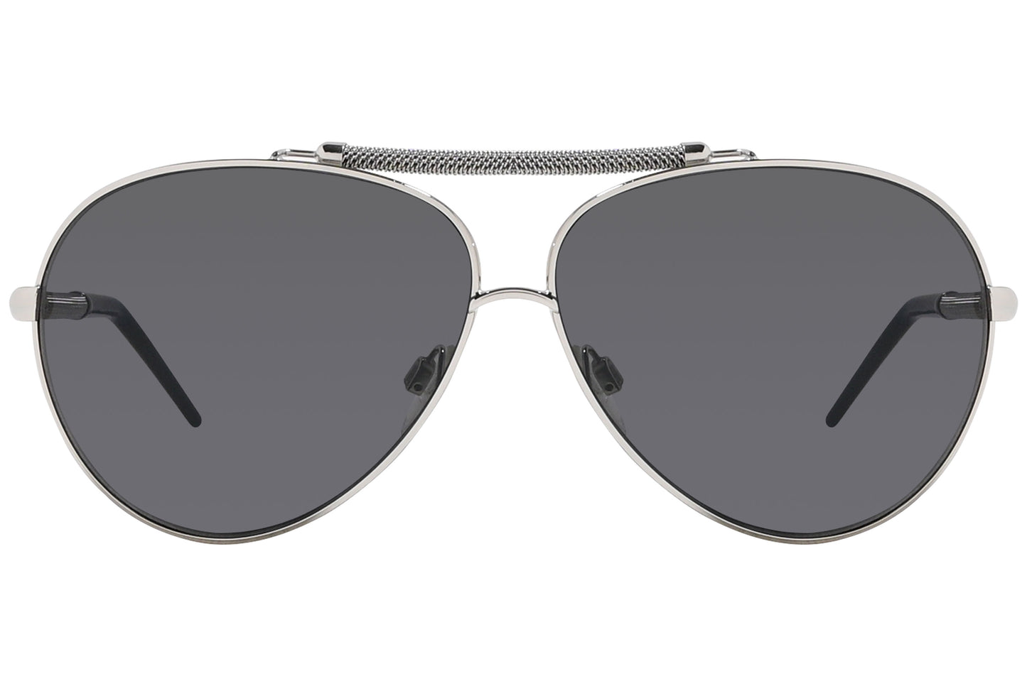 Close-up of silver aviator sunglasses highlighting metallic frame and lens detail.
