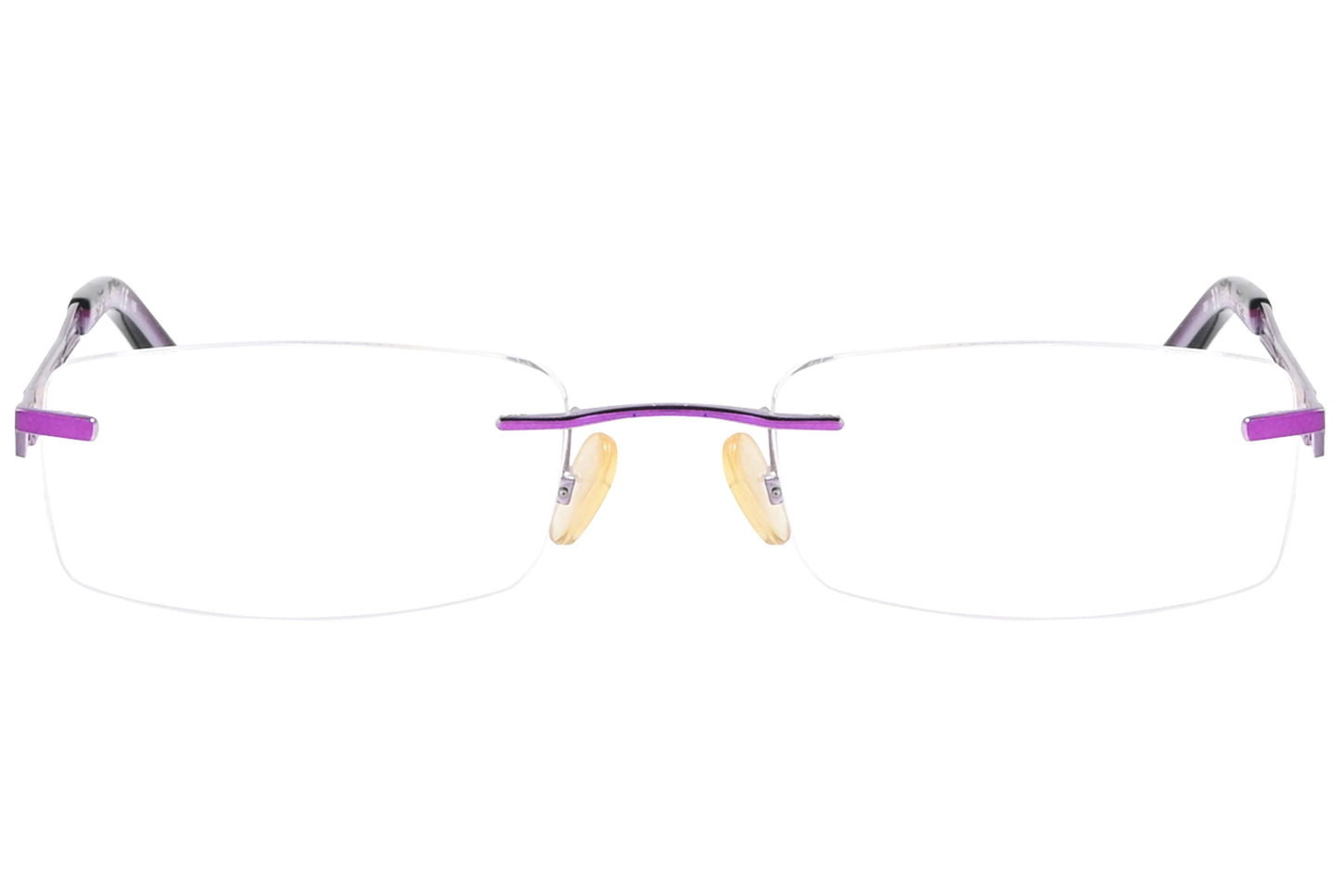A pair of rimless eyeglasses with violet temples and clear lenses.