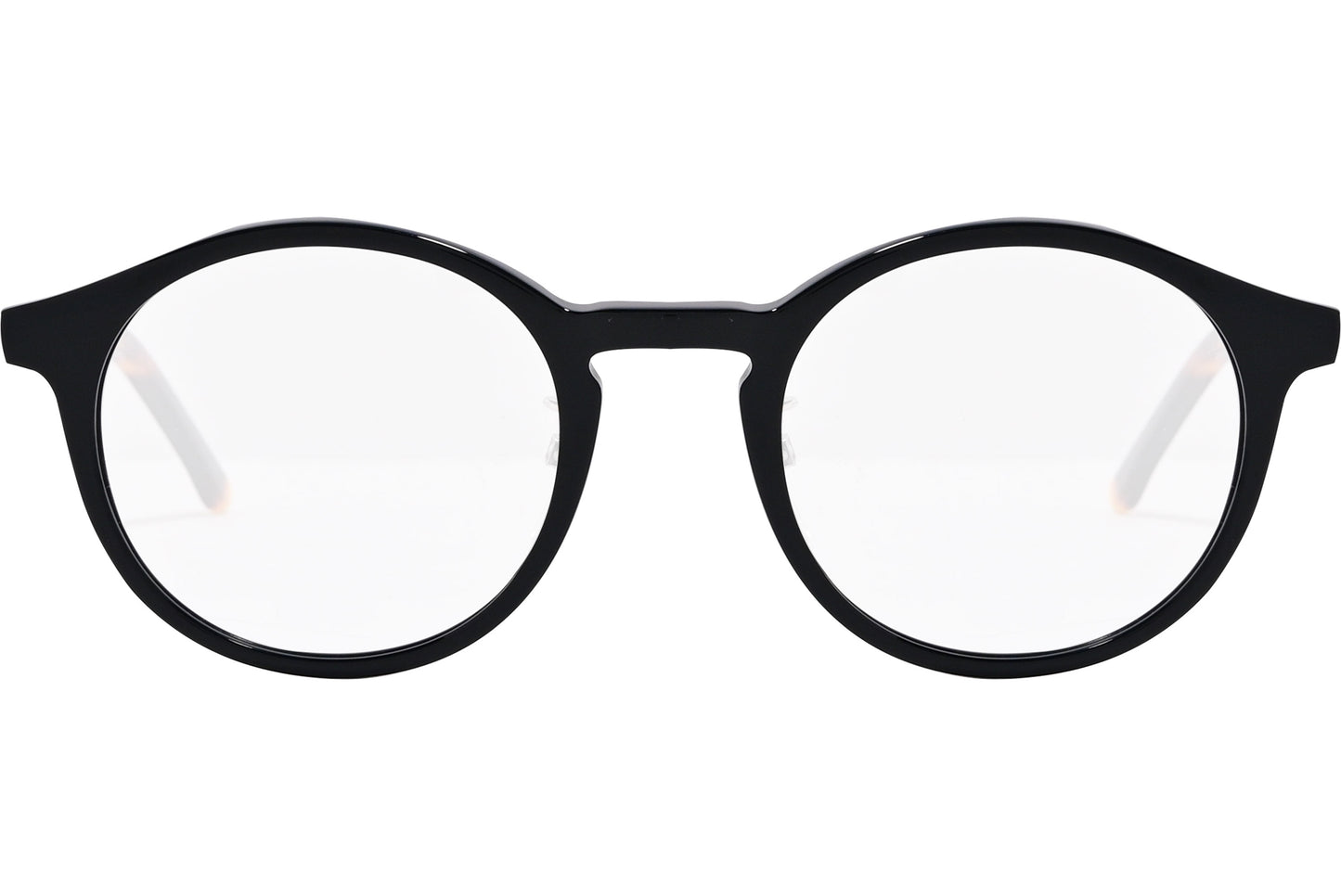 A pair of round eyeglasses with black and tortoise color frames.