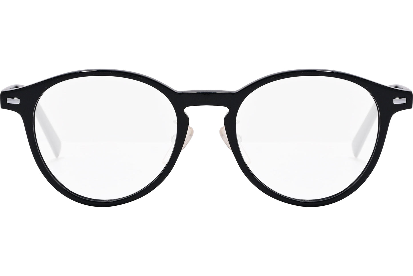 A pair of black, round eyeglasses with a metal hinge on the side.
