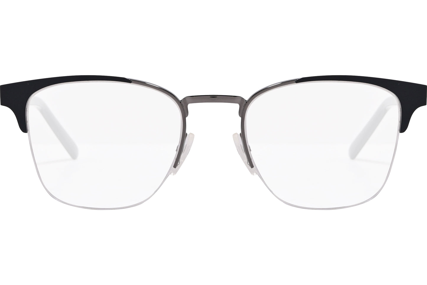A pair of square half-rim eyeglasses with a black color scheme, featuring a full plastic frame and metal temples.