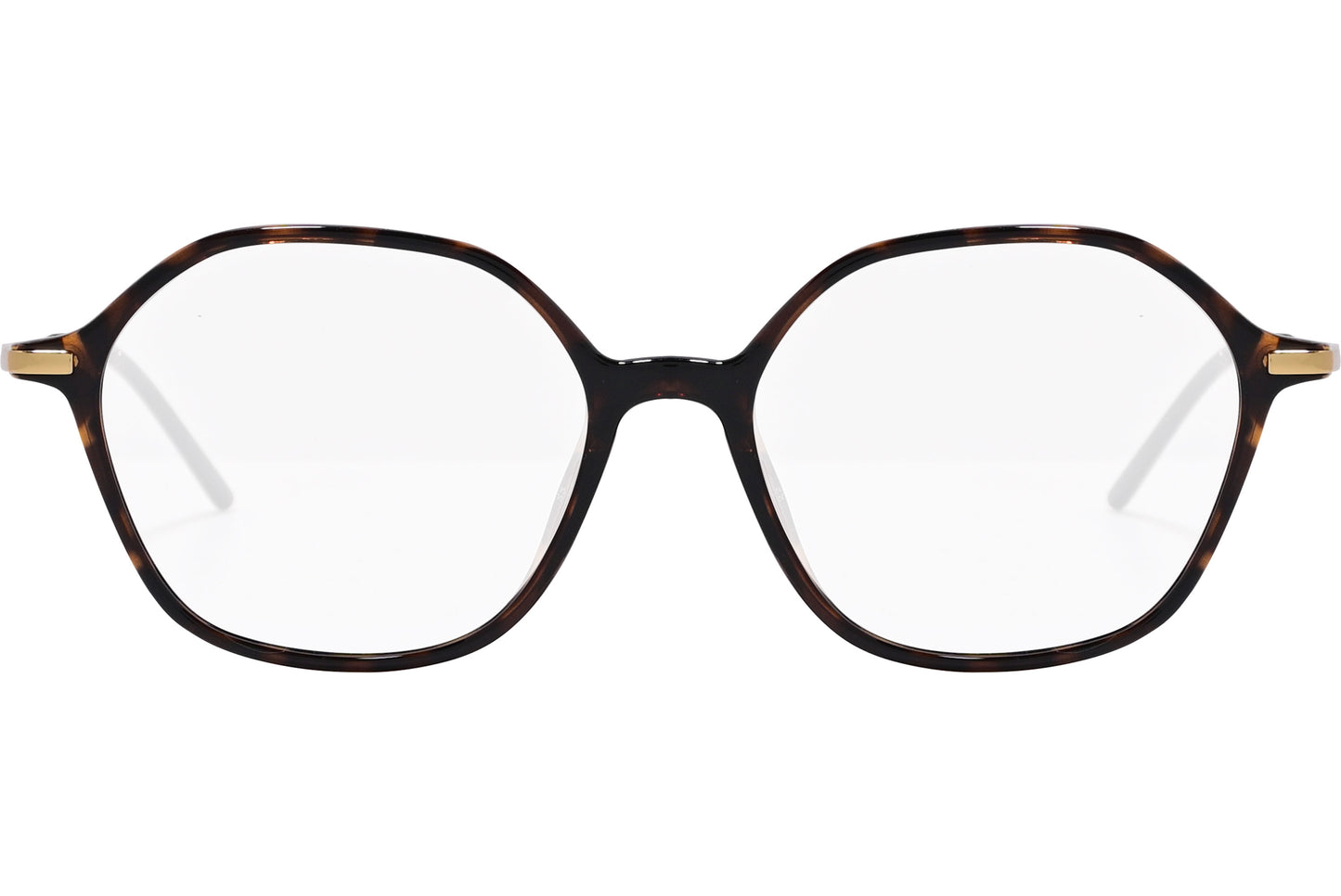 A pair of hexagonal eyeglasses with a tortoise color frame.