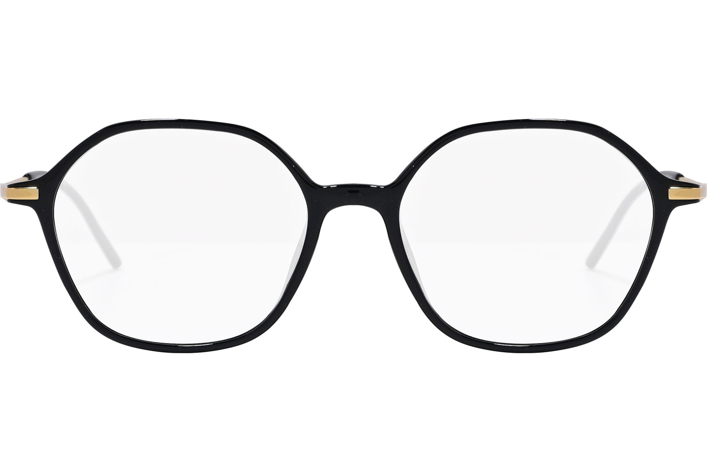 A pair of hexagonal eyeglasses with black frames and gold accents on the arms.