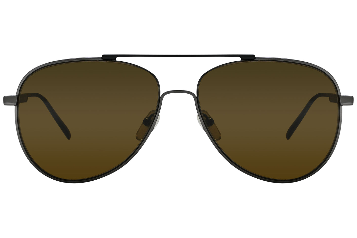 A pair of brown aviator sunglasses with a metal frame and polarized lenses.