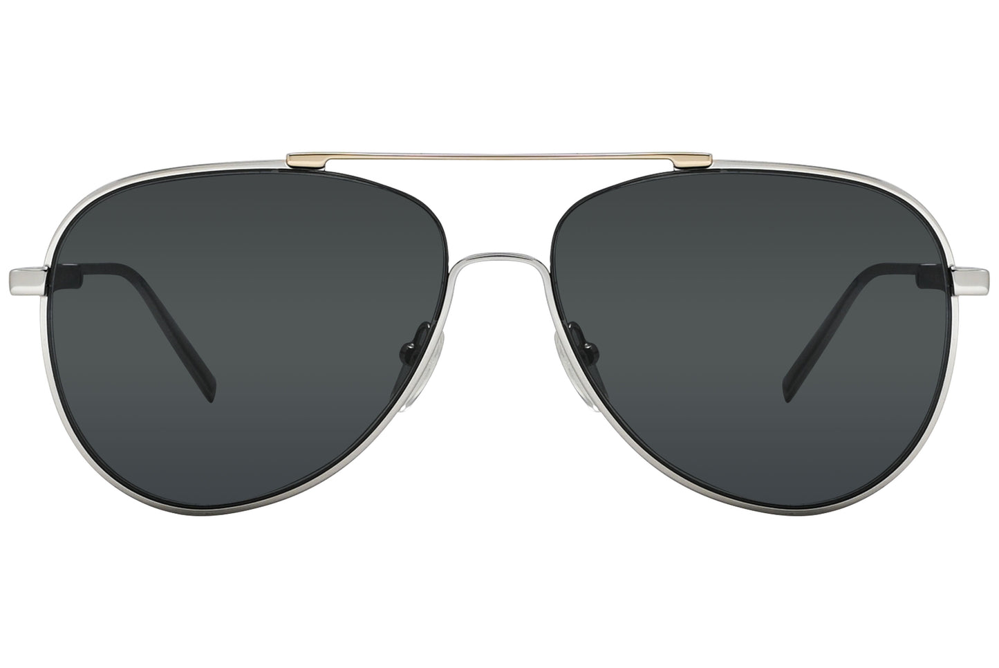 A pair of gray aviator sunglasses with metal frame and plastic lenses.