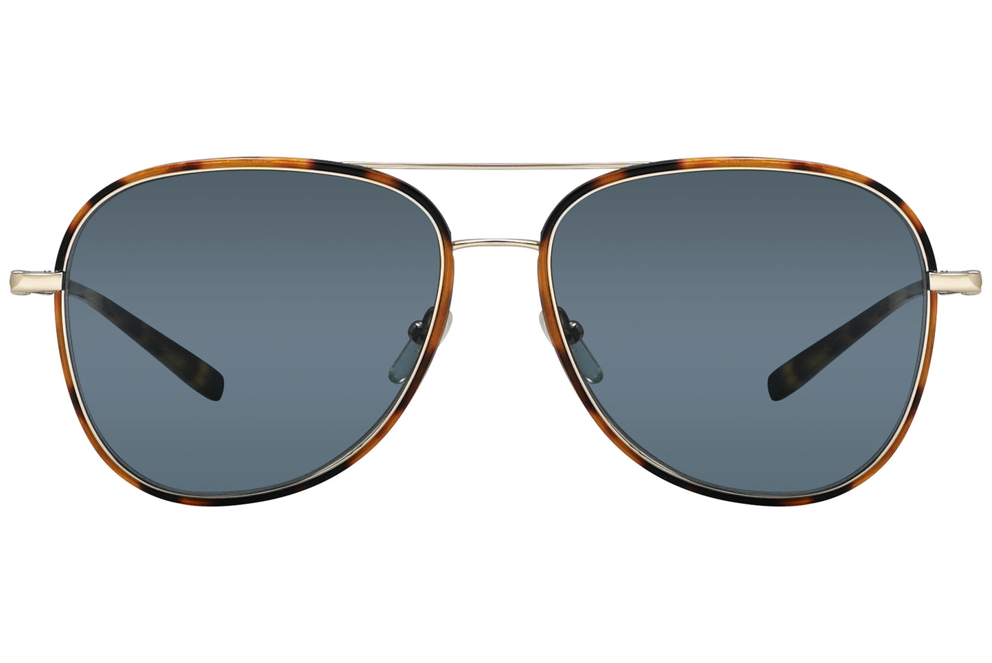 A pair of aviator sunglasses with a metallic frame and dark lenses.