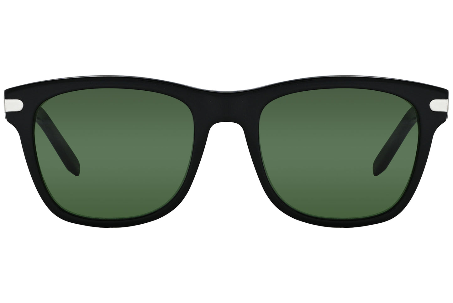 Black wayfarer sunglasses with green lenses.