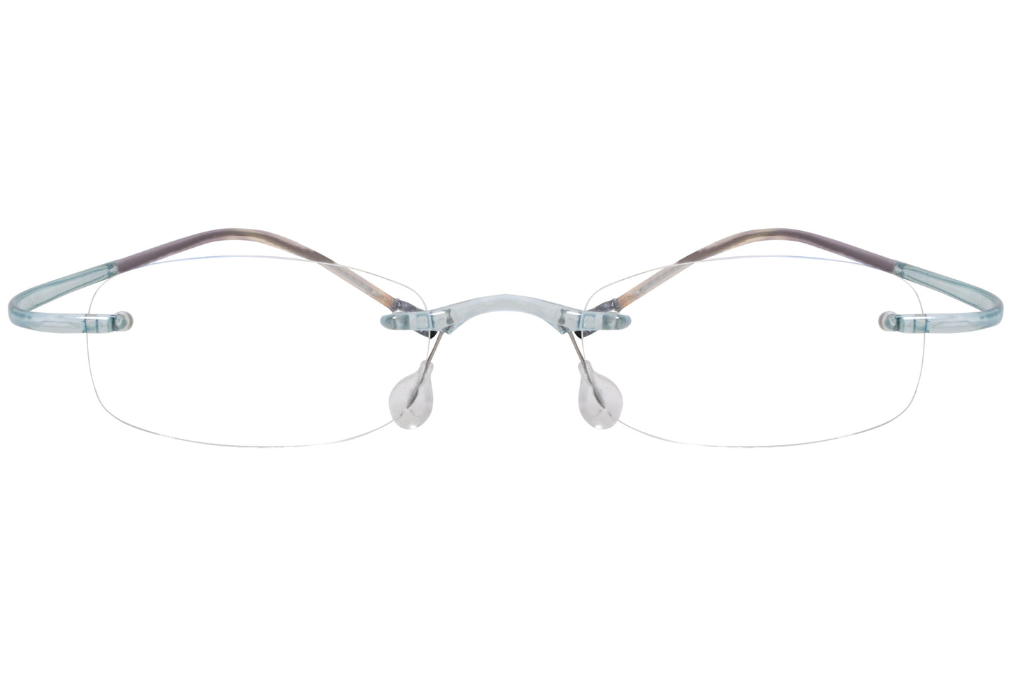 A pair of rimless eyeglasses with blue frames, clear lenses, and a metallic hinge.
