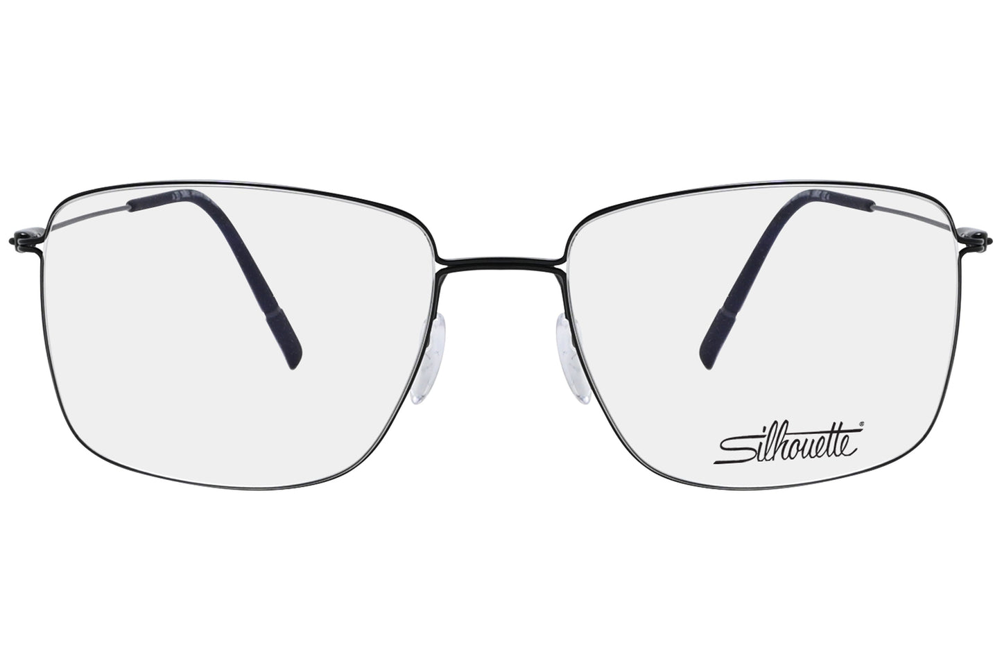 silhouette square silver with black eyeglasses frame viewed from a 90-degree angle.