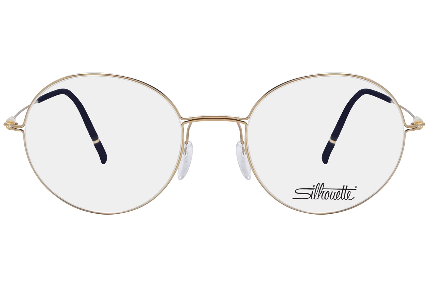 silhouette round silver with gold eyeglasses frame viewed from a 90-degree angle.