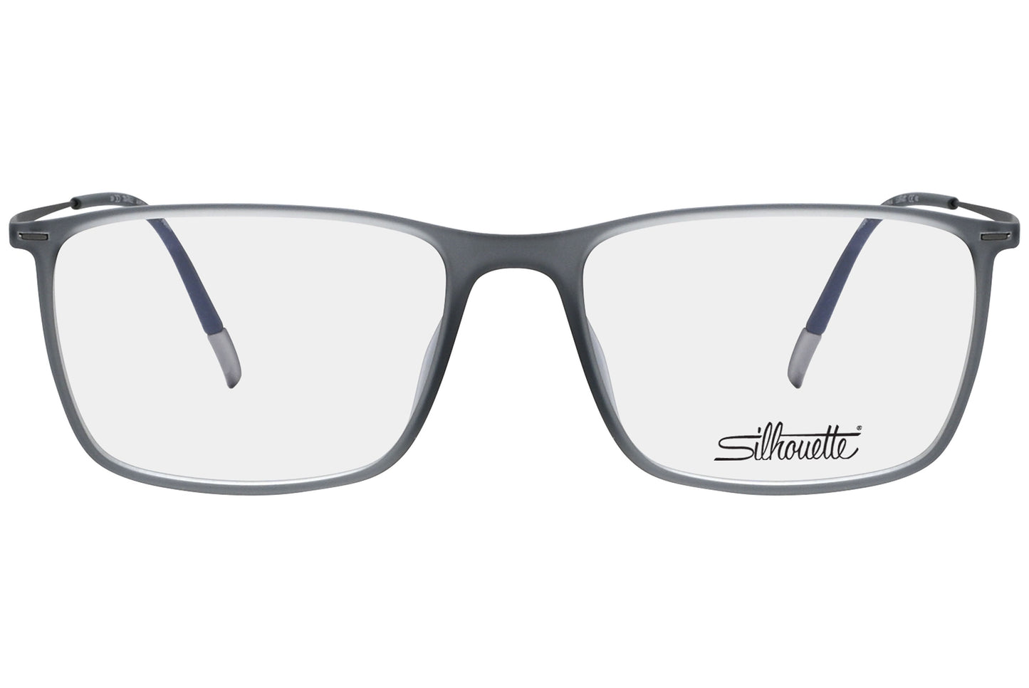silhouette square silver eyeglasses frame viewed from a 90-degree angle.