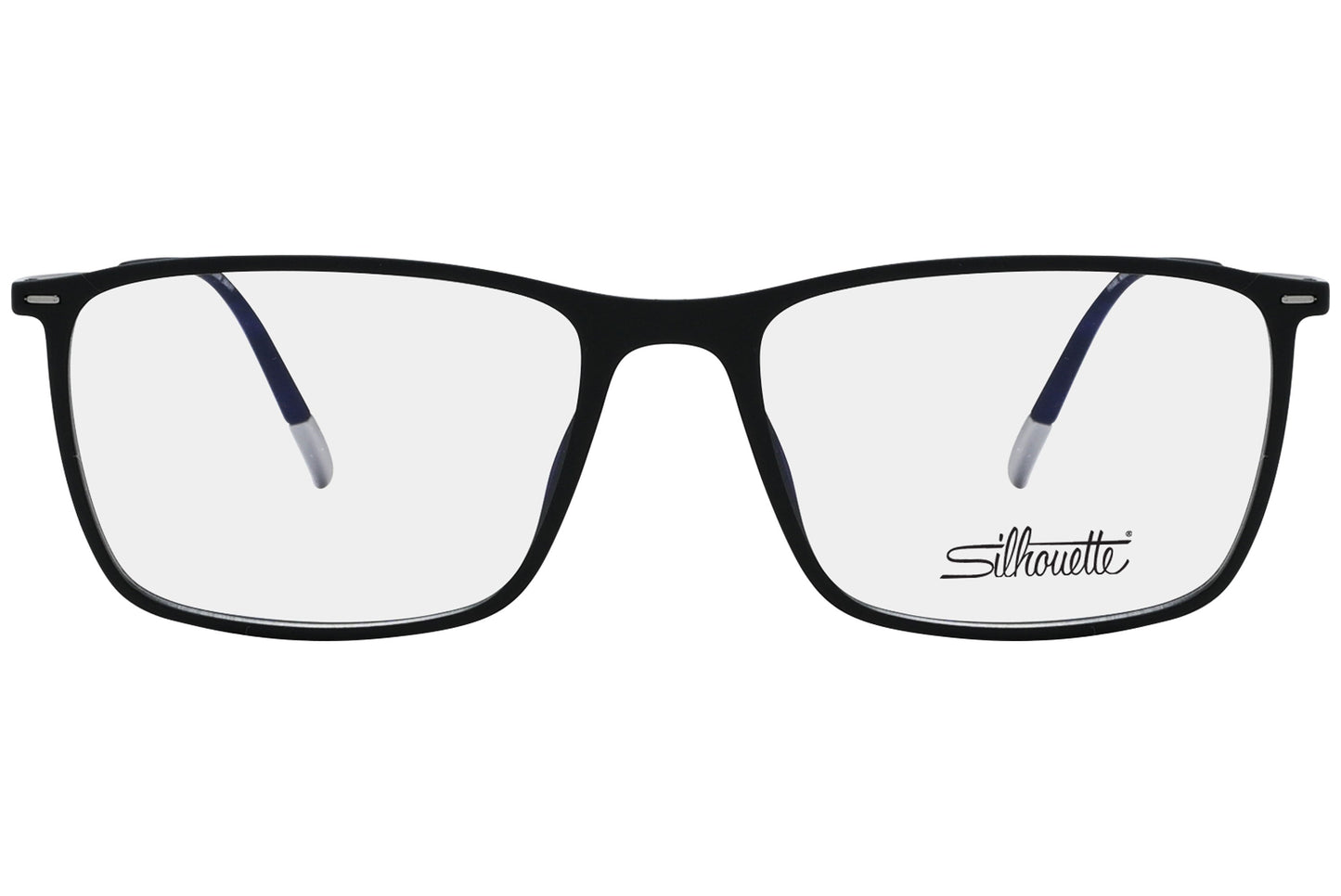 silhouette square silver with black eyeglasses frame viewed from a 90-degree angle.