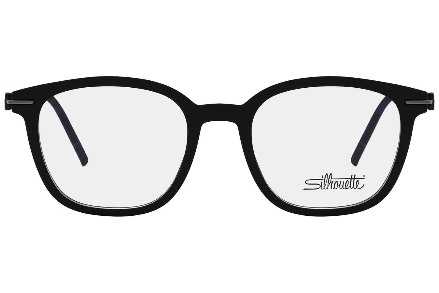 silhouette oval silver with black eyeglasses frame viewed from a 90-degree angle.