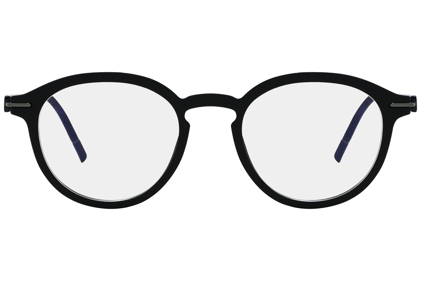 silhouette oval silver with black eyeglasses frame viewed from a 90-degree angle.