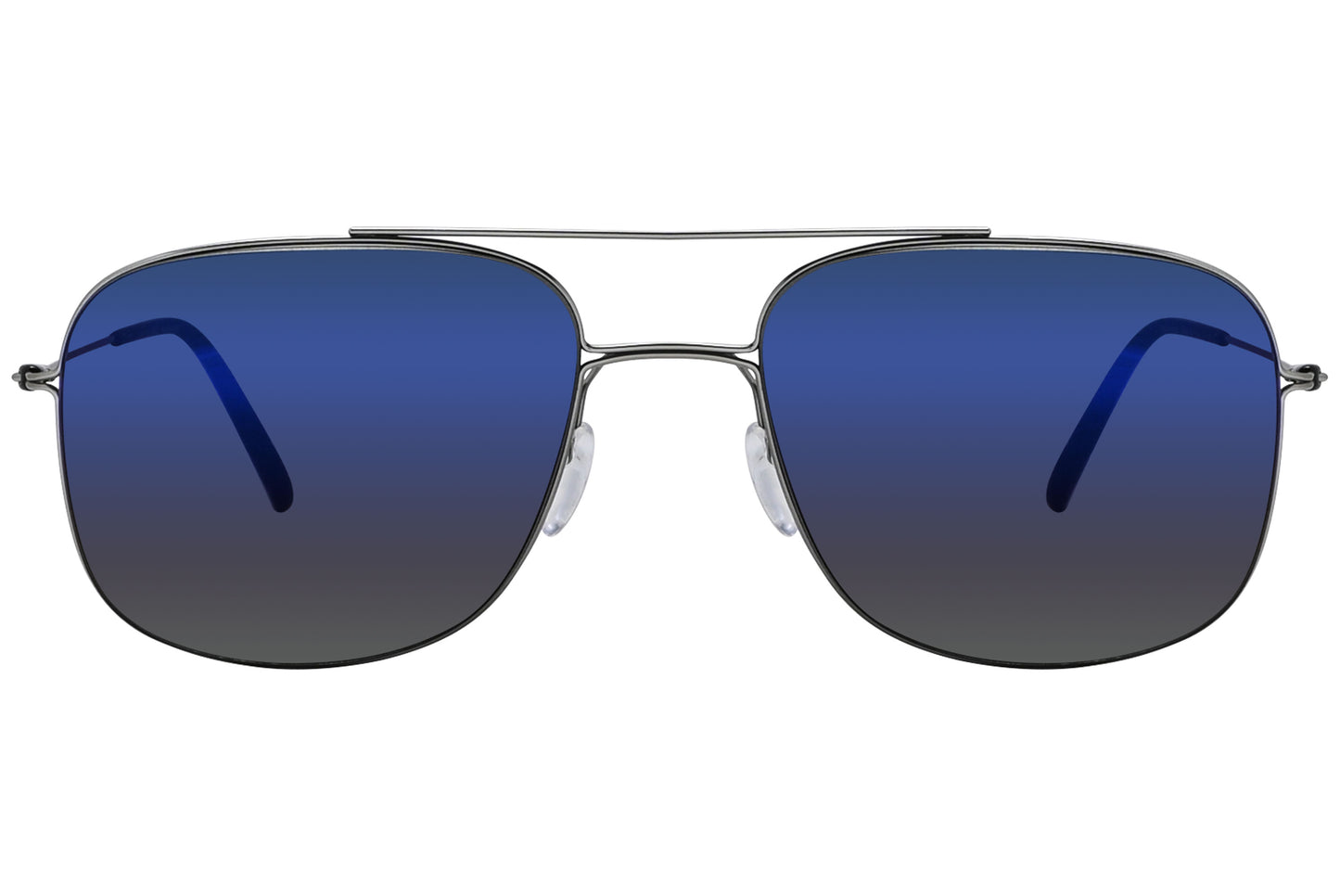 A pair of aviator sunglasses with blue lenses and a metallic frame.