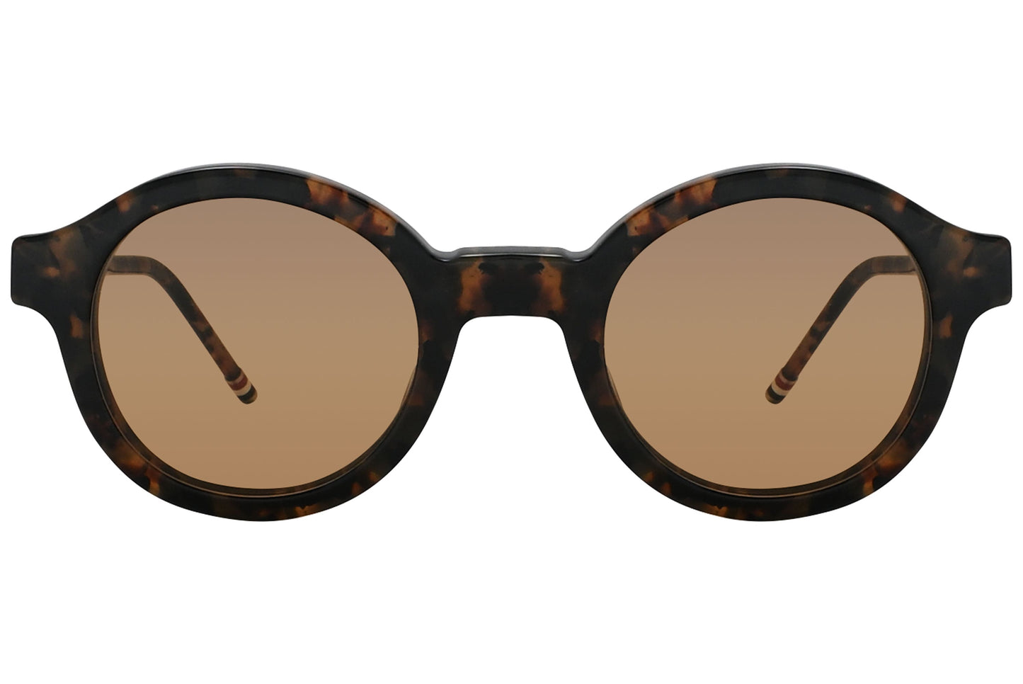 A pair of Thom Browne round sunglasses with a tortoise frame.