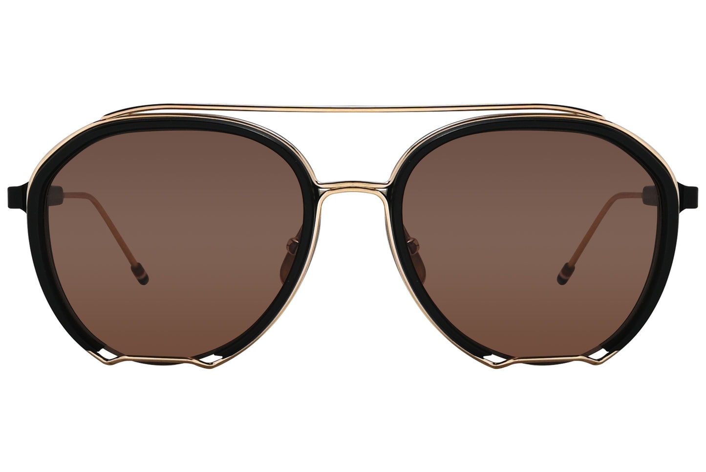A pair of Thom Browne aviator sunglasses with black and gold color scheme.